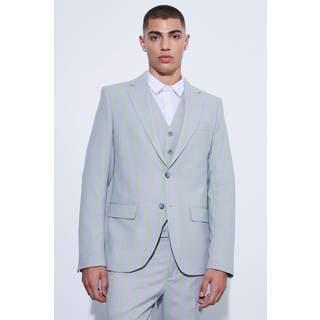 Mens Light Grey Slim Single Breasted Wide Stripe Suit Jacket