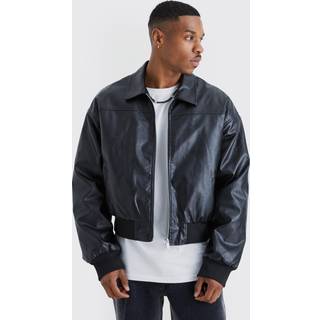 Mens Black Boxy PU Collared Bomber Jacket