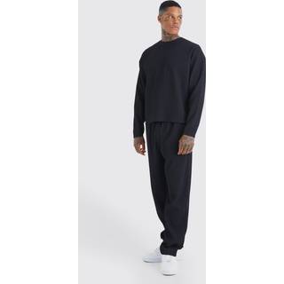 Mens Black Pleated Short Sleeve Boxy T-Shirt & Straight Trouser Set
