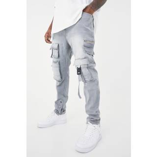 Mens Grey Plus Skinny Stretch Multi Pocket Cargo Jeans
