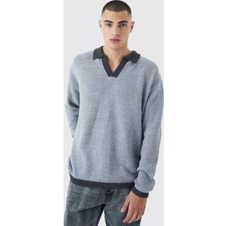 Mens Grey Long Sleeved Oversized Contrast Collar Knitted Polo
