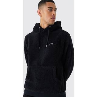 Mens Black Regular Fit Man Signature Borg Over The Head Hoodie