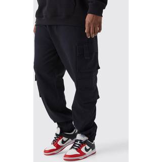 Mens Black Plus Slim Fit Cuffed Multi Cargo Pocket Trousers