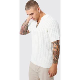 Mens Ecru Regular Deep V Neck Waffle Knit Polo