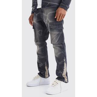 Mens Black Slim Rigid Flare Overdyed Distressed Cargo Jeans