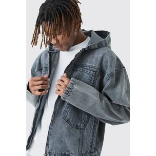 Mens Charcoal Tall Regular Fit Denim Acid Wash Hoodie