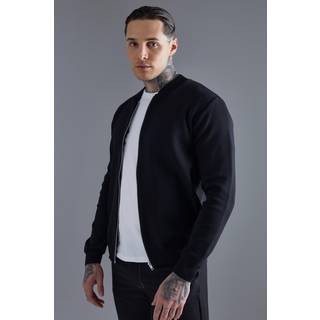 Mens Black Smart Knitted Bomber Jacket