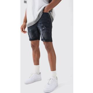 Mens Skinny Stretch Distressed Denim Shorts In Washed Black