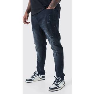 Mens Washed Black Plus Paint Splatter Distressed Skinny Jeans