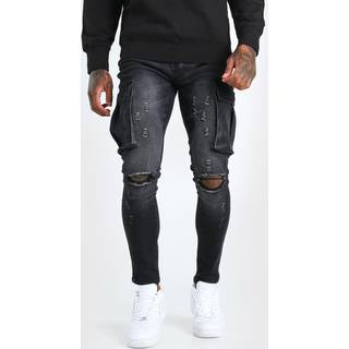 Mens Washed Black Super Skinny Cargo Jean With Knee Rips