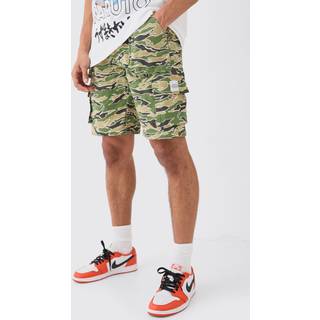 Mens Khaki Fixed Waist Woven Tab Camo Relaxed Cargo Shorts