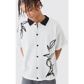 Mens Boxy Jacquard Knit Floral Detail Shirt In White