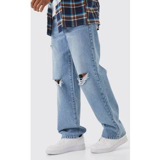 Mens Ice Blue Baggy Rigid Distressed Jeans