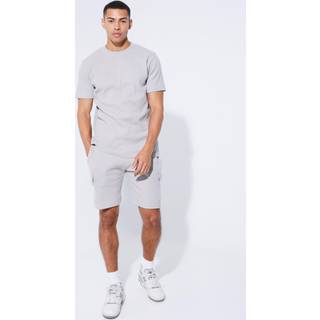 Mens Light Grey Slim Waffle T-shirt & Cargo Short Set