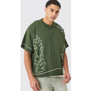 Mens Boxy Jacquard Knit Abstract Detail Shirt In Olive