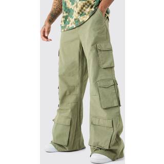 Mens Khaki Extreme Baggy Rigid Multi Cargo Pocket Trousers