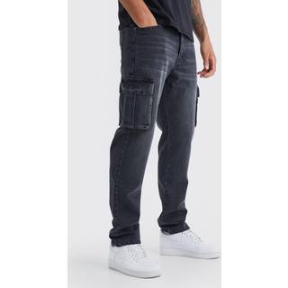 Mens Washed Black Tall Straight Rigid Cargo Jeans