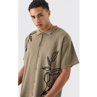 Mens Boxy Jacquard Knit Floral Detail Shirt In Taupe