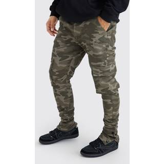 Mens Chocolate Skinny Stacked Popper Hem Camo Cargo Trouser