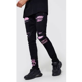 Mens Black Tall Skinny Bandana Rip Graffiti Jeans