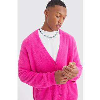 Mens Hot Pink Boxy Fluffy Knitted Cardigan