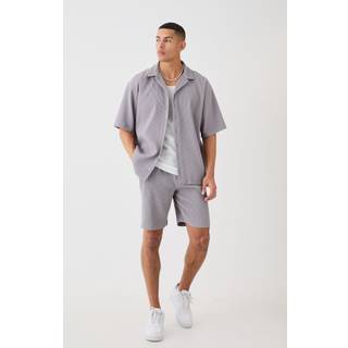 Mens Grey Oversized Short Sleeve Pleated Shirt And Short Set