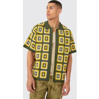 Mens Oversized Boxy Crochet Knit Shirt In Khaki
