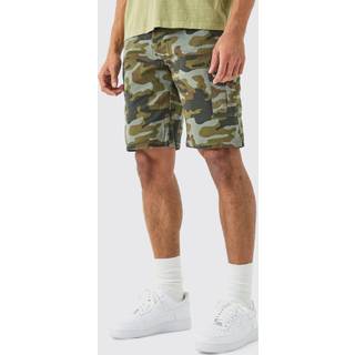 Mens Khaki Camo Fixed Waist Relaxed Cargo Shorts