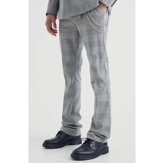 Mens Grey Skinny Flare Pow Check Trouser With Chain
