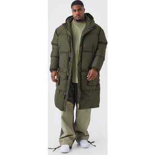 Mens Plus 4 Pocket Longline Hooded Puffer Jacket in Khaki
