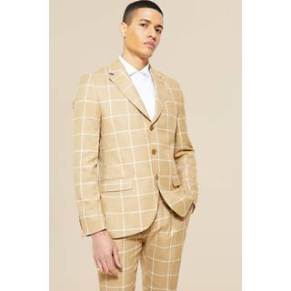 Mens Beige Single Breasted Check Slim Suit Jacket