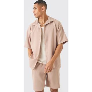 Mens Taupe Oversized Short Sleeve Pleated Shirt And Short