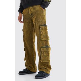 Mens Khaki Baggy Multi Pocket Acid Wash Corduroy Cargo Trouser