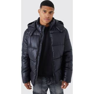 Mens Hooded High Shine Puffer Jacket in Black