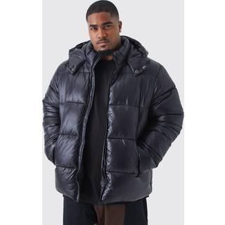 Mens Plus High Shine Hooded Puffer Jacket In Black