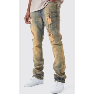 Mens Antique Wash Tall Slim Flare Rigid Multi Rip & Repair Jeans