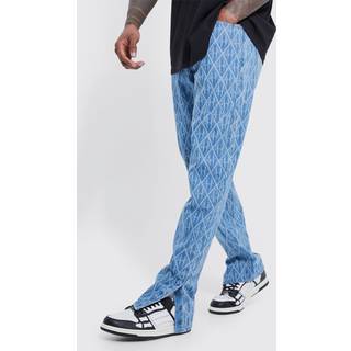 Mens Light Blue Straight Leg Man Laser Print Jeans