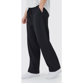 Mens Black Tall Elastic Waist Relaxed Fit Cropped Pleated Trouser