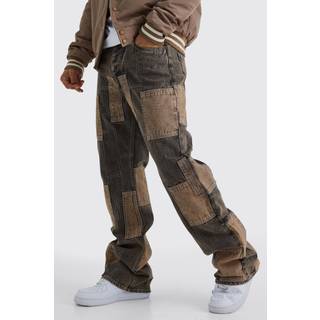 Mens Chocolate Relaxed Rigid Flare Patchwork Jeans