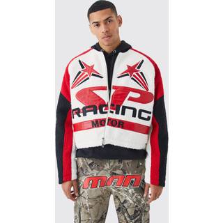 Mens Red Boxy Boucle Moto Bomber With Pu Badges