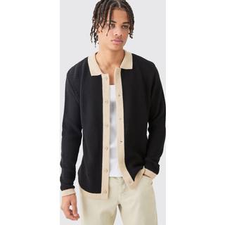 Mens Long Sleeve Contrast Collar Knitted Shirt In Black