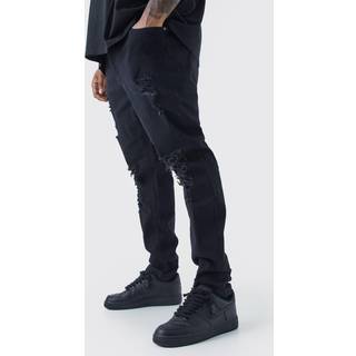 Mens True Black Plus Skinny Jeans With All Over Rips