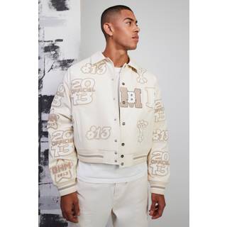 Mens Ecru Boxy Pu Tonal Badge Varsity Jacket
