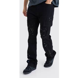Mens Black Tall Slim Flare Gusset Paint Splatter Cargo Trouser