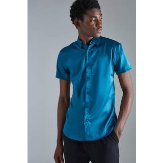 Mens Teal Short Sleeve Muscle Satin Shirt