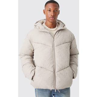 Mens Taupe Crinkle Texture Hooded Puffer