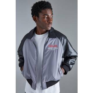 Mens Charcoal Boxy Embossed PU & Contrast Nylon Bomber Jacket