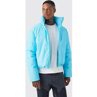 Mens Blue Boxy Funnel Neck Coated Puffer