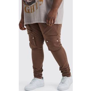 Mens Chocolate Plus Fixed Waist Skinny Multi Cargo Pocket Trouser