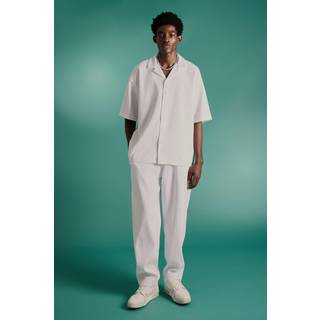 Mens White Oversized Short Sleeve Pleated Shirt & Straight Trouser